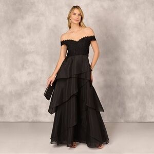 Aidan Mattox Black Off Shoulder Lace Organza Gown SZ 6 NWT Tiered Formal Dress